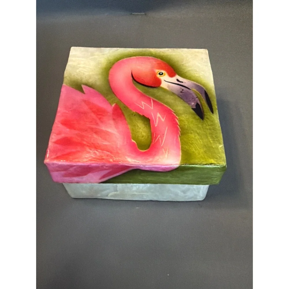 Vintage Capiz Shell Trinket Box Hand Painted Pink Flamingo Mother of Pearl Box